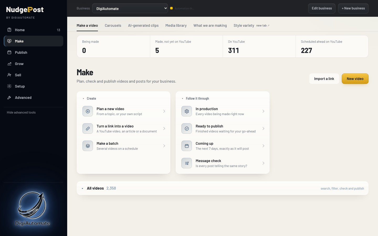 Nudgepost Content Pipeline workspace (Make, Grow, Sell)