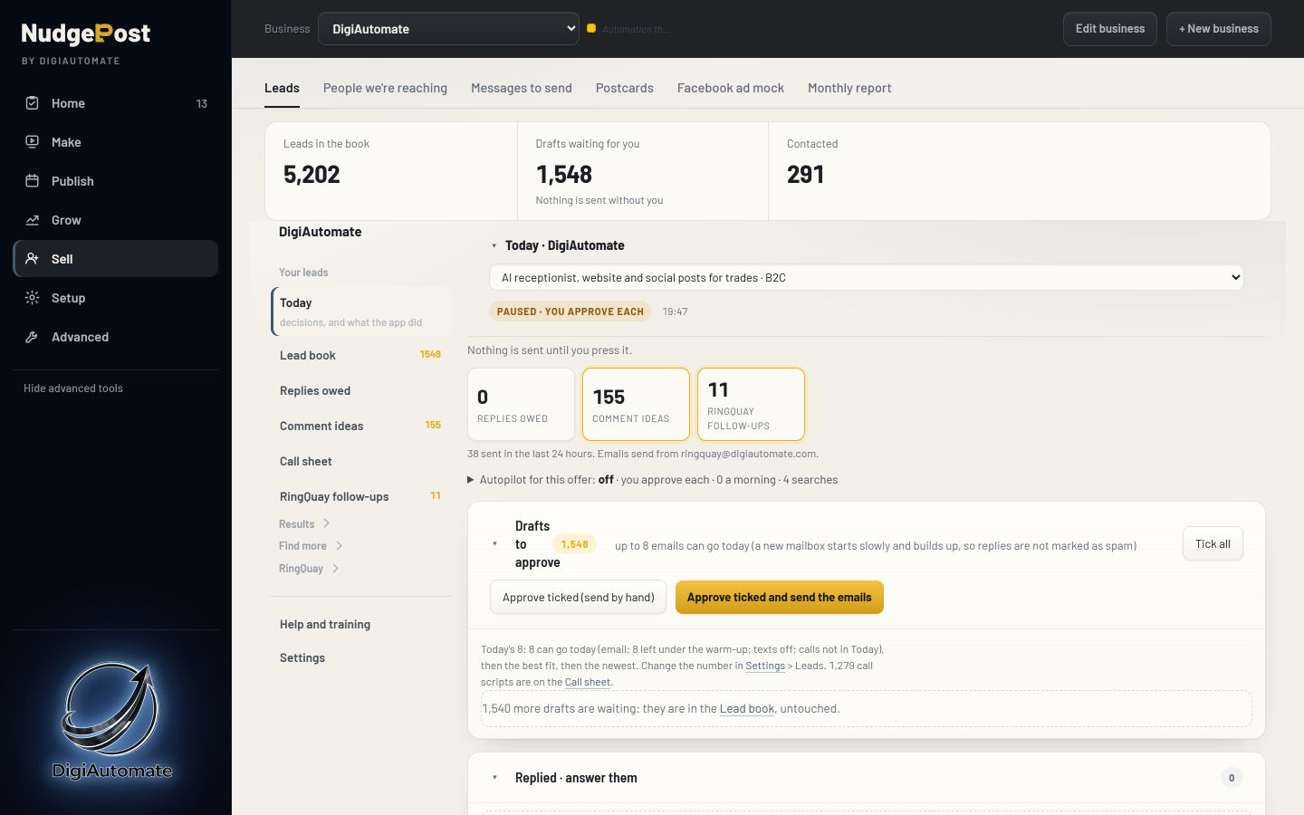 Nudgepost Sell workspace