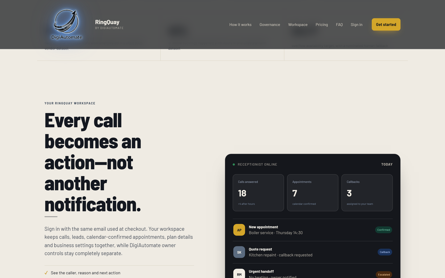 RingQuay product site call handling interface