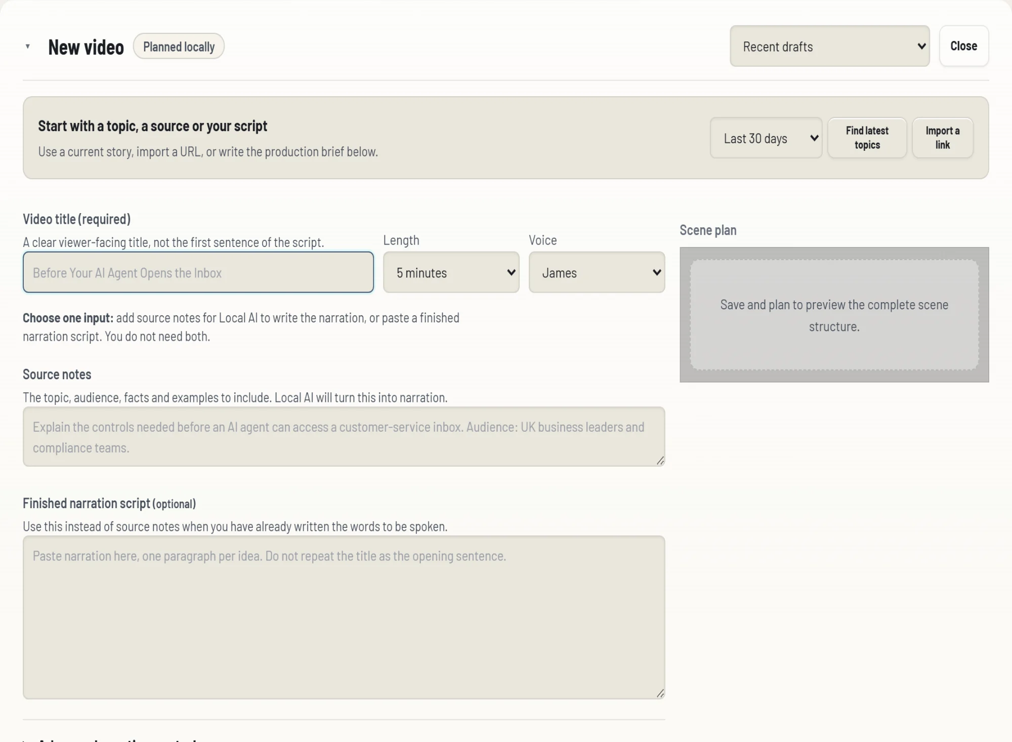 The new-video form: a title, length, voice, and either notes or a finished script